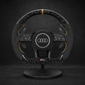 Volant personnalisé Audi alcantara gris coutures bleues et carbone 3K — vue face