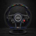 Volant personnalisé Audi TT RS — carbone forgé bleu, shift light LED, surpiqûres bleues