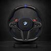 Volant personnalisé BMW Série G LCI carbone twill brillant et Alcantara noir, piping et rappel 12h bleu