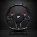 Volant personnalisé BMW Série G LCI carbone twill brillant et Alcantara noir, piping et rappel 12h bleu